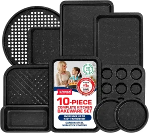BAKKEN 10-Piece Kitchen Baking Pan Set - Commercial Grade Carbon Steel Bakeware, With Nonstick Coating, Stackable and Space-saving Design, PFOA, PFOS, PTFE Free, Oven Safe (Up To 450°F), Gray Marble