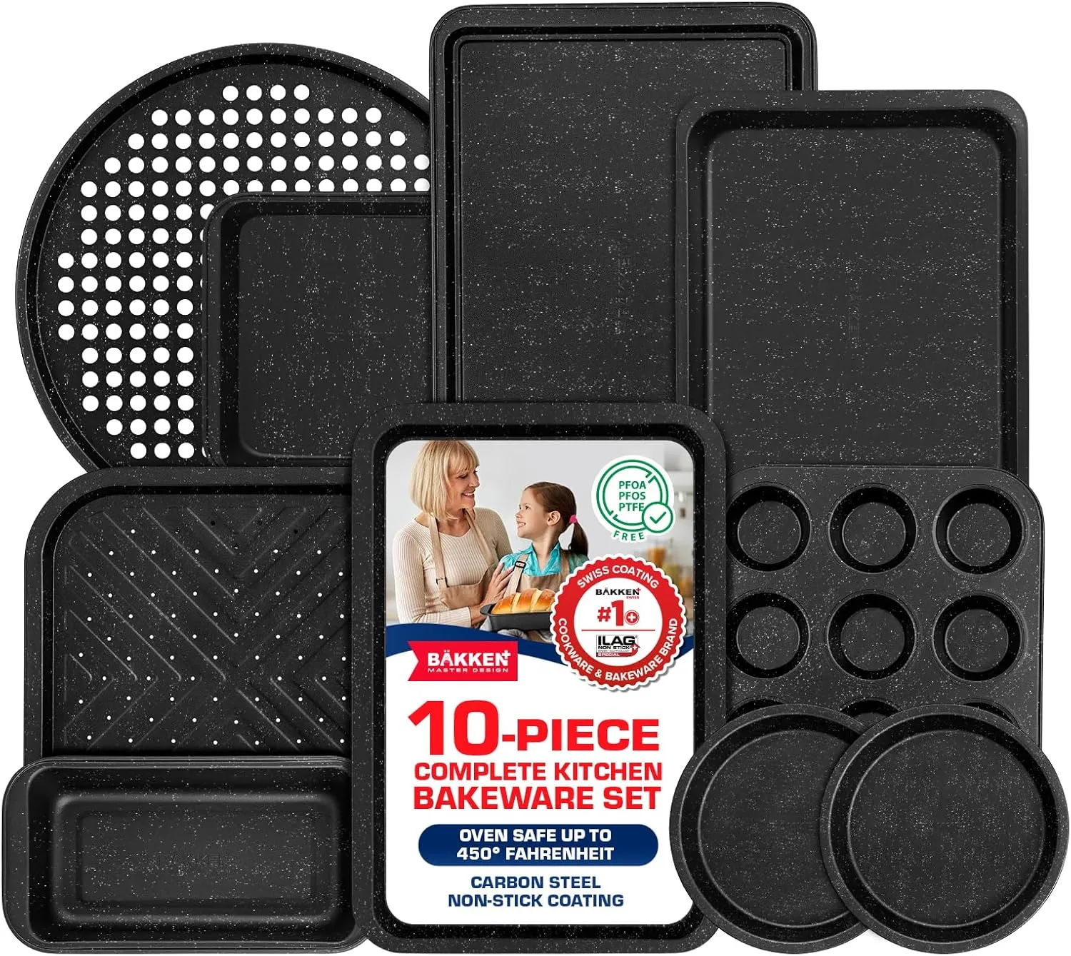 BAKKEN 10-Piece Kitchen Baking Pan Set - Commercial Grade Carbon Steel Bakeware, With Nonstick Coating, Stackable and Space-saving Design, PFOA, PFOS, PTFE Free, Oven Safe (Up To 450°F), Gray Marble