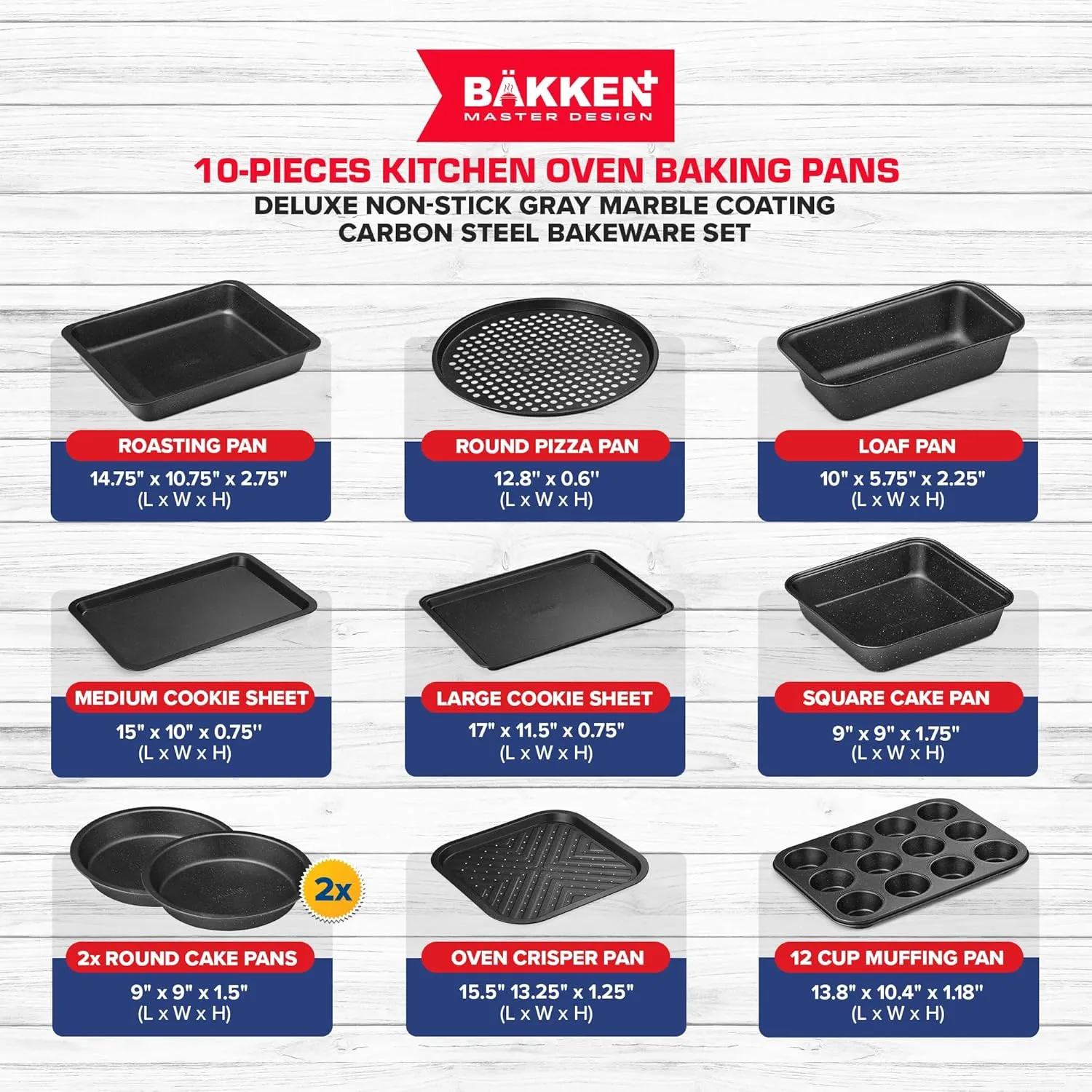 BAKKEN 10-Piece Kitchen Baking Pan Set - Commercial Grade Carbon Steel Bakeware, With Nonstick Coating, Stackable and Space-saving Design, PFOA, PFOS, PTFE Free, Oven Safe (Up To 450°F), Gray Marble