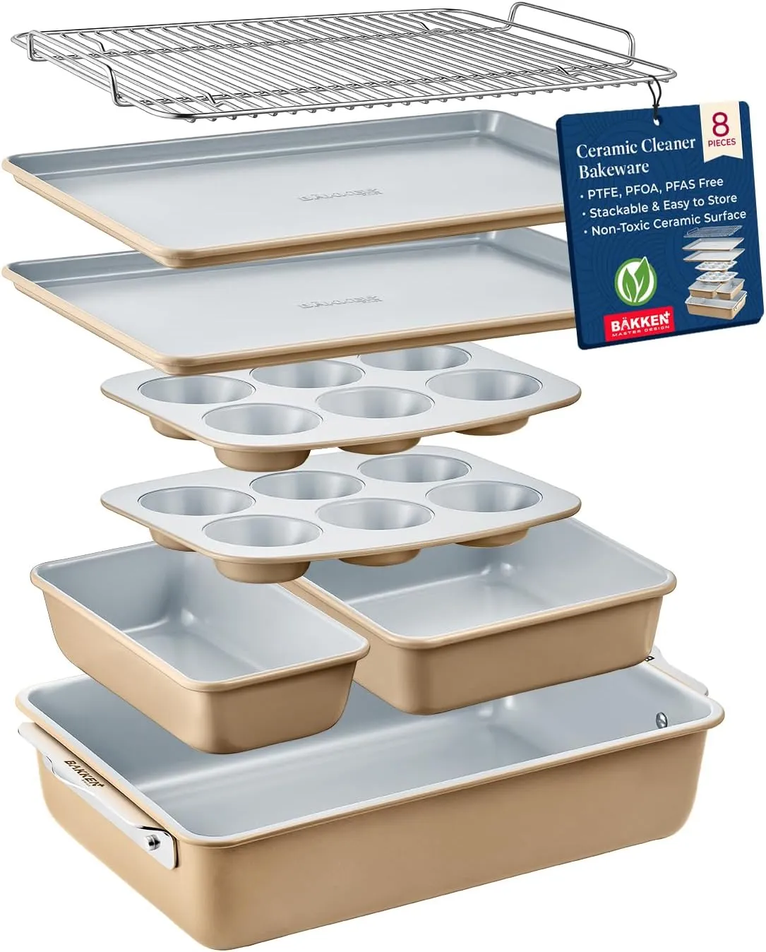 Bakken 8-Piece Stackable Bakeware Set - Ceramic Non-Stick Coating, Baking Sheets, Assorted Baking Pans, PTFE, PFOA & PFOS Free - Healthy Baking, Ergonomic Handles, Cooling Rack, Non-Toxic, Oven-Safe