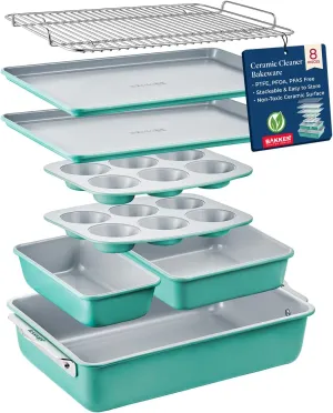 Bakken 8-Piece Stackable Bakeware Set – Ceramic Non-Stick, Oven-Safe Baking Sheets & Pans, PTFE/PFOA/PFOS-Free, Ergonomic Handles, Includes Cooling Rack – Healthy, Non-Toxic Baking Essentials