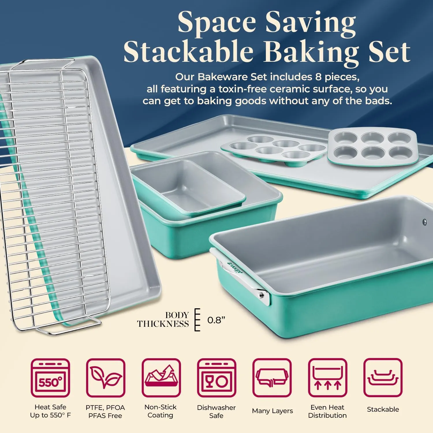 Bakken 8-Piece Stackable Bakeware Set – Ceramic Non-Stick, Oven-Safe Baking Sheets & Pans, PTFE/PFOA/PFOS-Free, Ergonomic Handles, Includes Cooling Rack – Healthy, Non-Toxic Baking Essentials
