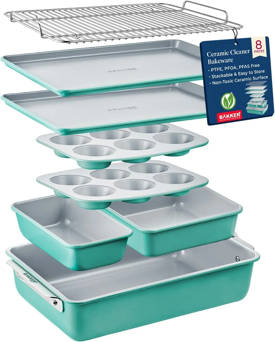 Bakken 8-Piece Stackable Bakeware Set – Ceramic Non-Stick, Oven-Safe Baking Sheets & Pans, PTFE/PFOA/PFOS-Free, Ergonomic Handles, Includes Cooling Rack – Healthy, Non-Toxic Baking Essentials