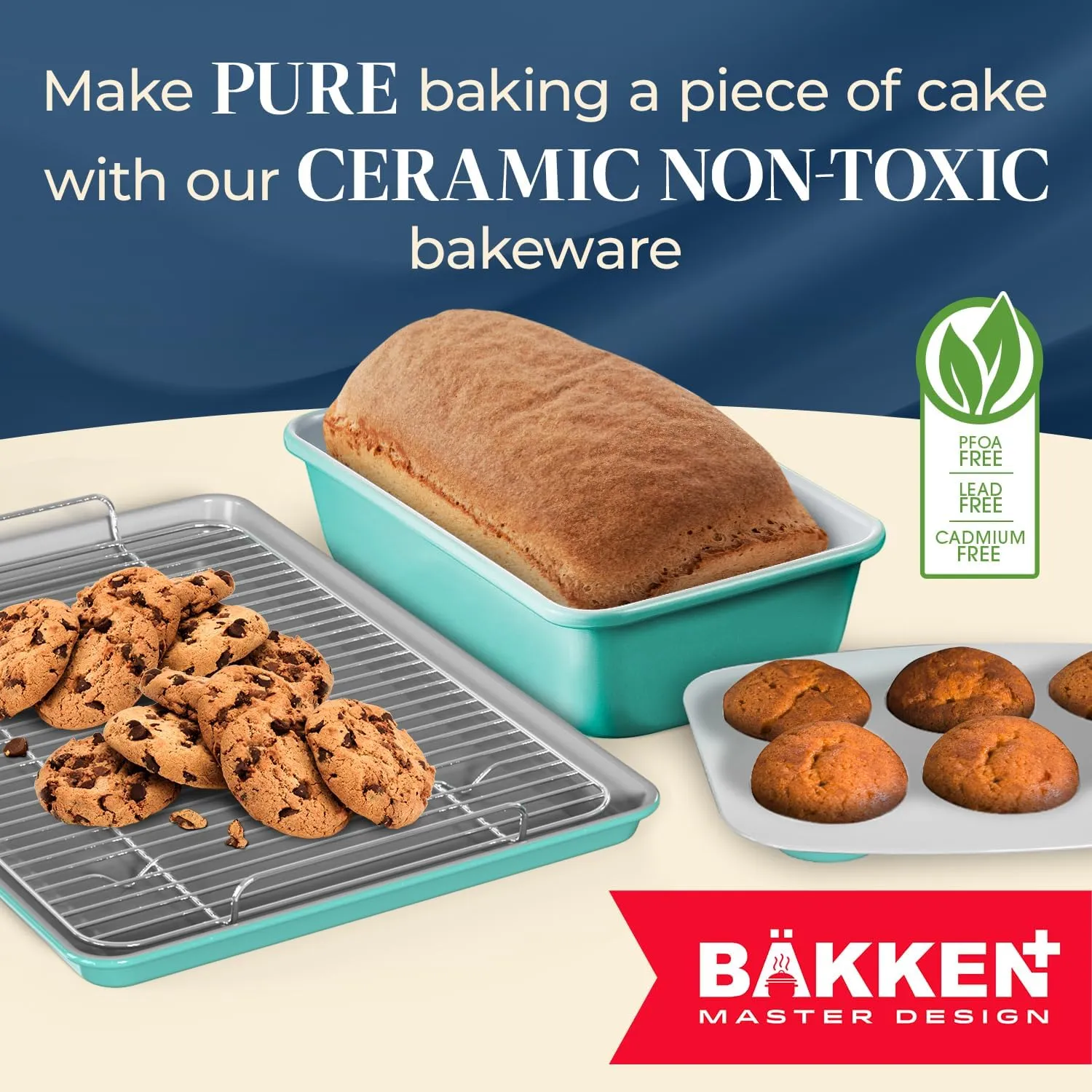 Bakken 8-Piece Stackable Bakeware Set – Ceramic Non-Stick, Oven-Safe Baking Sheets & Pans, PTFE/PFOA/PFOS-Free, Ergonomic Handles, Includes Cooling Rack – Healthy, Non-Toxic Baking Essentials