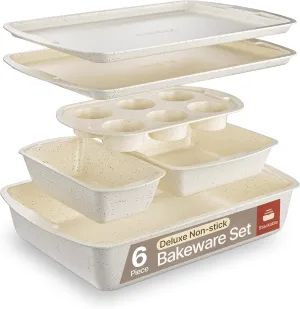 Bakken Swiss - Bakeware Set – 6 Piece – Stackable, Deluxe, Non-Stick Baking Pans for Professional and Home Cooking – Carbon Steel, White Stone Coating