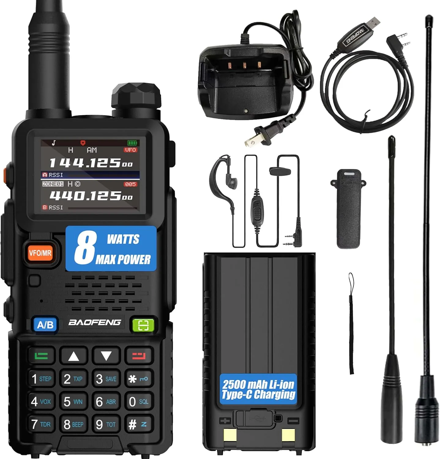 BAOFENG UV-5RM Ham Radio Walkie Talkies NOAA Type-C Charging Long Range Two Way with Rechargeable 2500mAh Li-ion Battery (5RM 1 Pack)