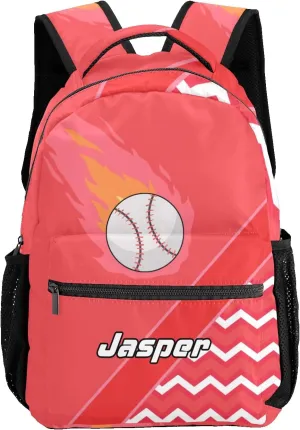 Baseball Fire Cool Excited Red Toddler Backpack for Daycare Travel, Personalized Name Preschool Bookbags for Boys Girls