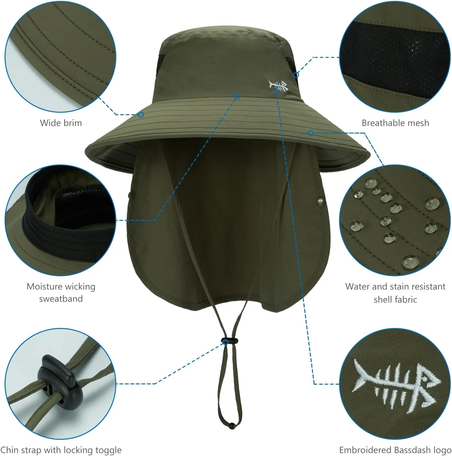 BASSDASH UPF 50  Breathable Sun Hat with Removable Face Cover and Neck Flap Wide Brim Bucket Hat for Fishing Hiking Men Women