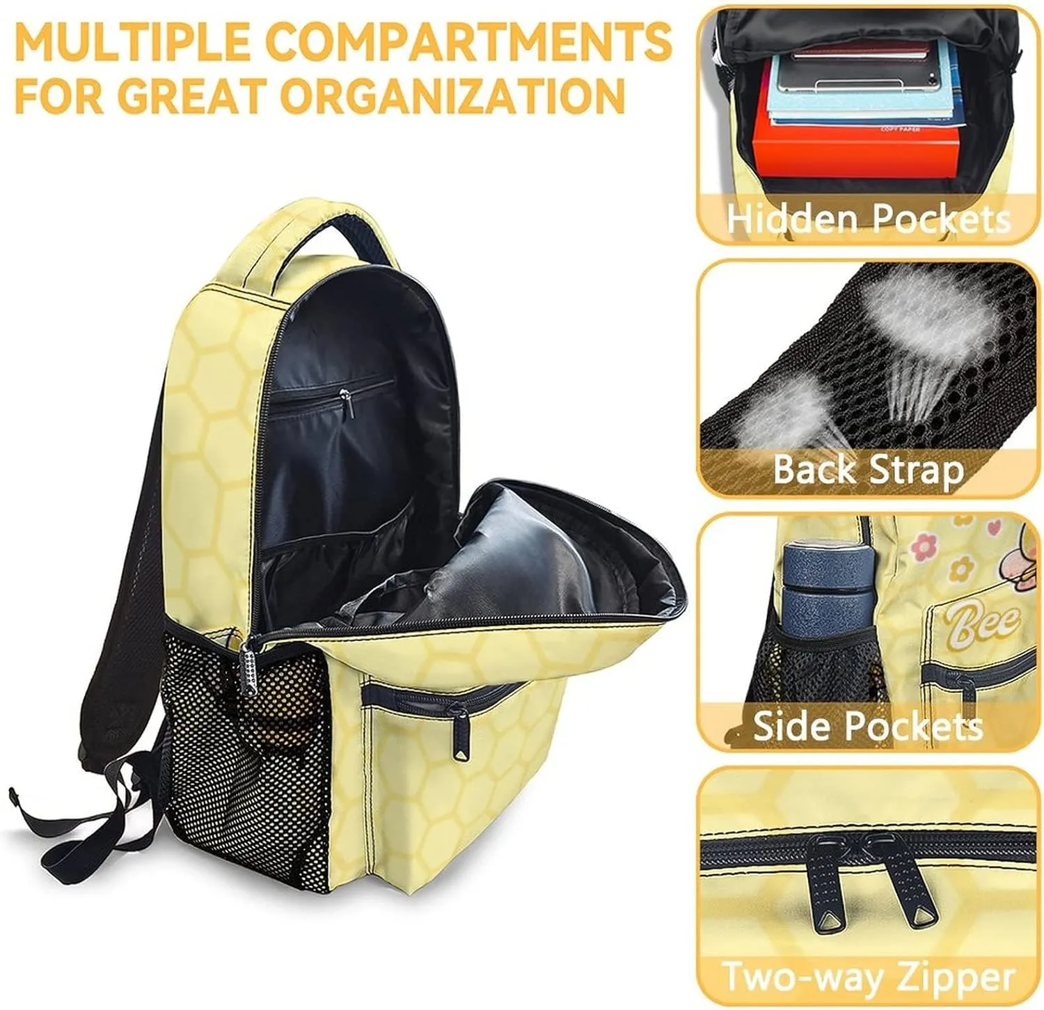 Bee Backpack with Lunch Box And Pencil Case, Set of 3 Cute Bookbag for Girls Boys, Lightweight Large Capacity School Bag