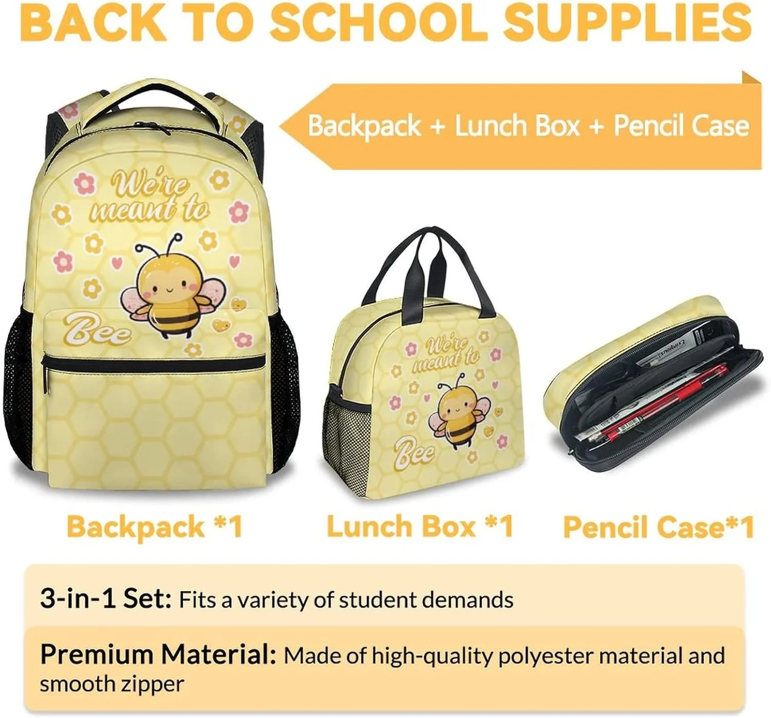 Bee Backpack with Lunch Box And Pencil Case, Set of 3 Cute Bookbag for Girls Boys, Lightweight Large Capacity School Bag
