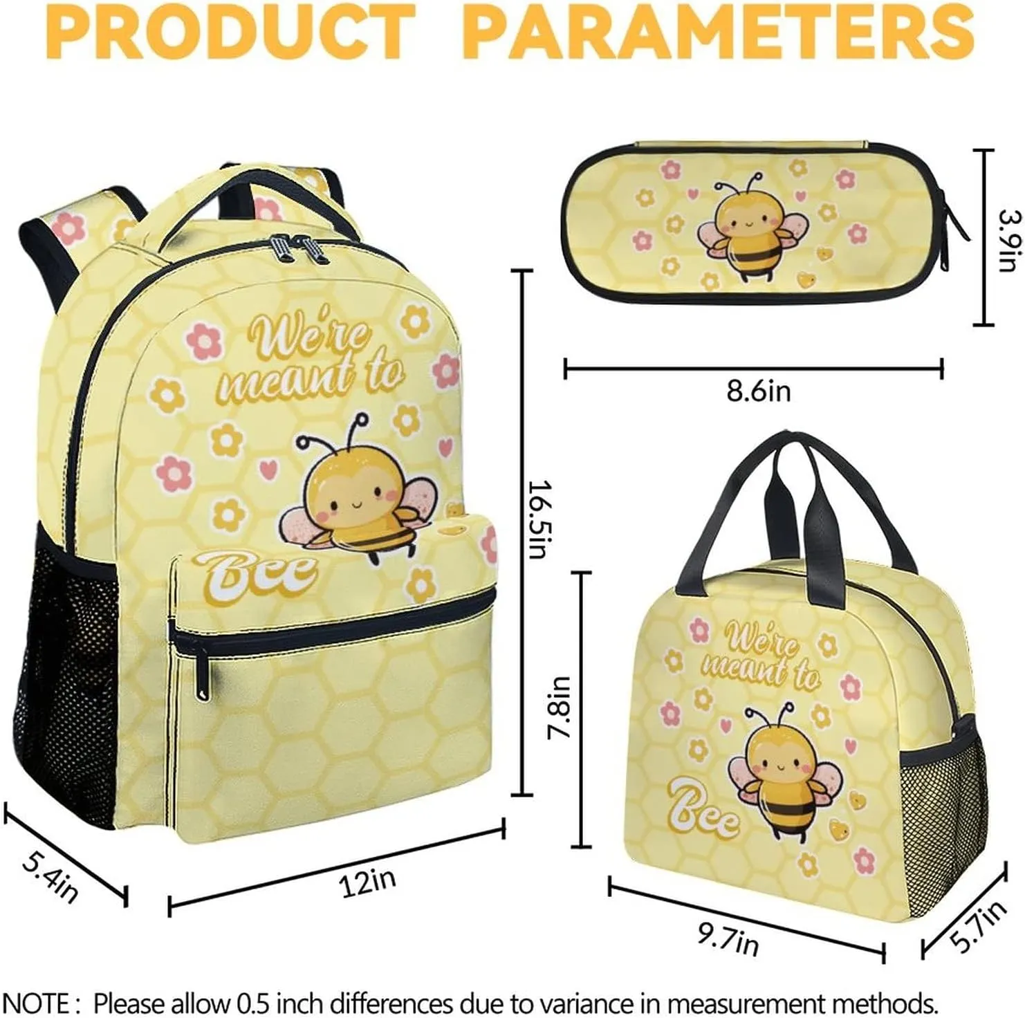 Bee Backpack with Lunch Box And Pencil Case, Set of 3 Cute Bookbag for Girls Boys, Lightweight Large Capacity School Bag
