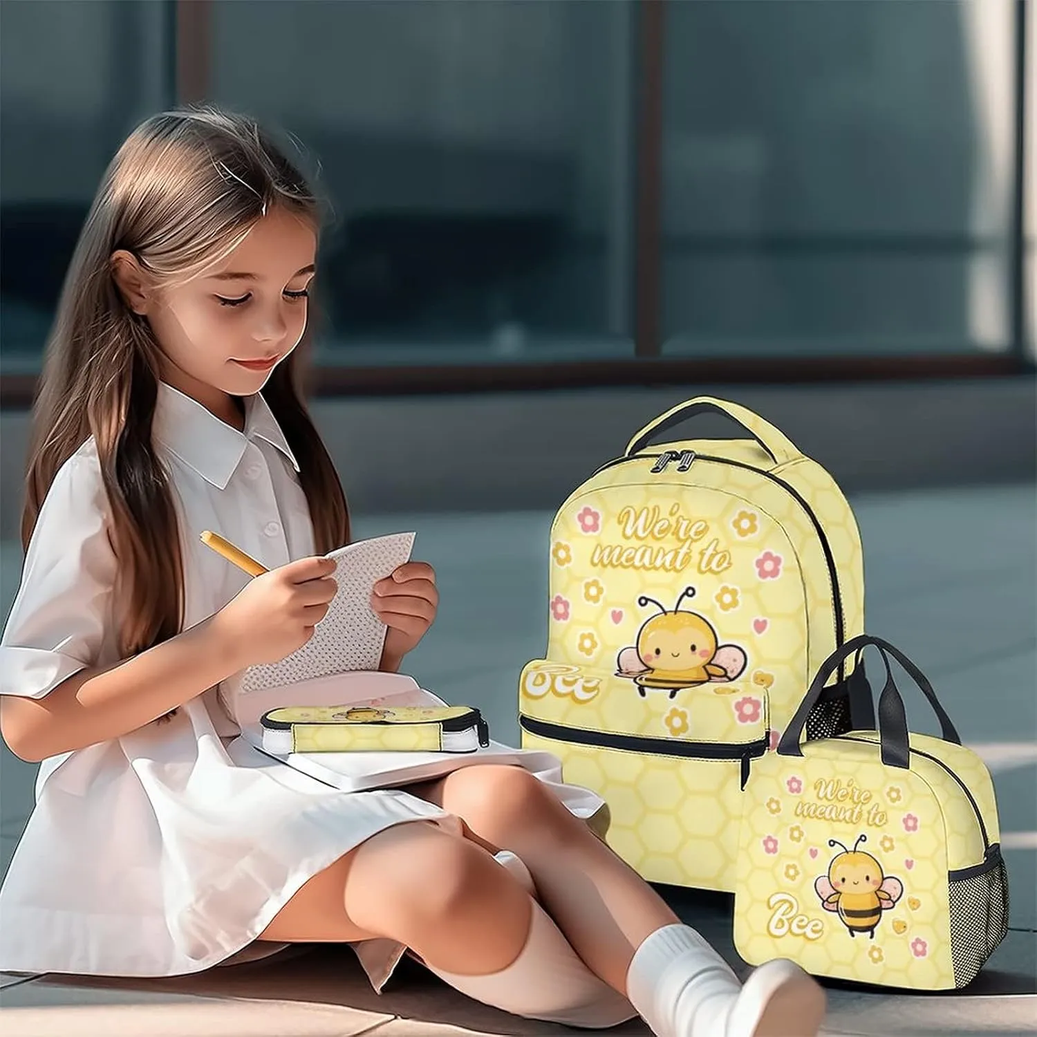 Bee Backpack with Lunch Box And Pencil Case, Set of 3 Cute Bookbag for Girls Boys, Lightweight Large Capacity School Bag