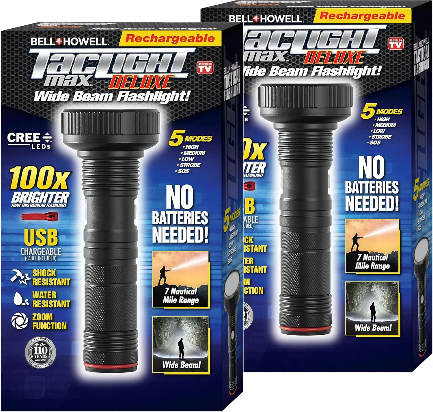 Bell Howell Taclight Max Deluxe Ultra High-Powered Handheld Flashlight,1,000 Lumens-7,000K Cree LED, 5 Modes Rechargeable Shatter Resistant, Compact Outdoor Camping As Seen On TV - Set of 2