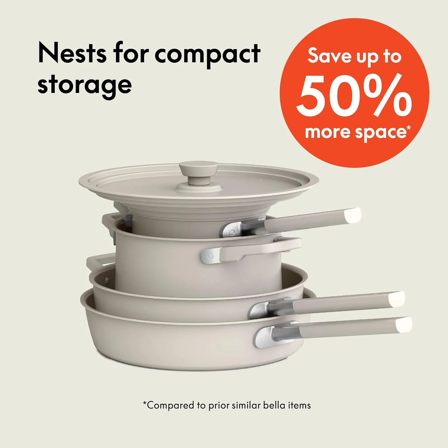 bella 9 Piece StoreMore Cookware Set, Fits-anywhere™ Kitchenware w EverGood™ Ceramic Nonstick Coating​, Dishwasher & Oven Safe, All Stovetops Compatible, Stackable Design, Cool Touch Handles, Oatmilk