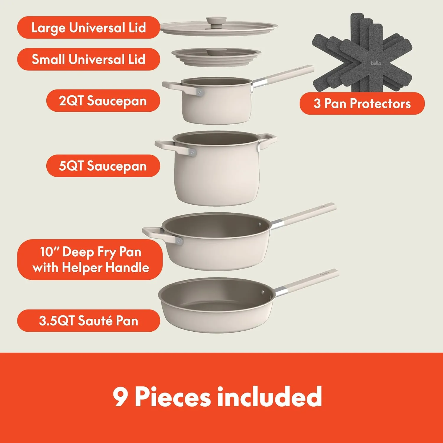 bella 9 Piece StoreMore Cookware Set, Fits-anywhere™ Kitchenware w EverGood™ Ceramic Nonstick Coating​, Dishwasher & Oven Safe, All Stovetops Compatible, Stackable Design, Cool Touch Handles, Oatmilk