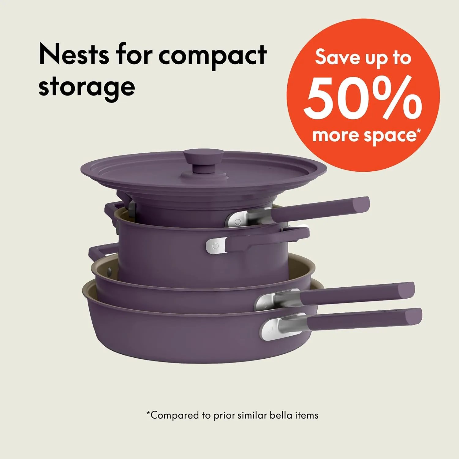 bella 9 Piece StoreMore Cookware Set, Fits-anywhere™ Kitchenware w EverGood™ Ceramic Nonstick Coating​, Dishwasher & Oven Safe, All Stovetops Compatible, Stackable Design, Cool Touch Handles, Plum