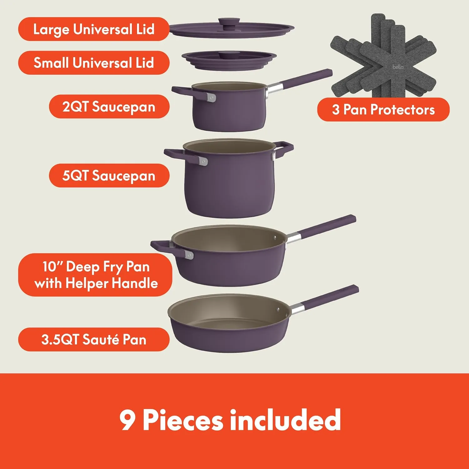 bella 9 Piece StoreMore Cookware Set, Fits-anywhere™ Kitchenware w EverGood™ Ceramic Nonstick Coating​, Dishwasher & Oven Safe, All Stovetops Compatible, Stackable Design, Cool Touch Handles, Plum