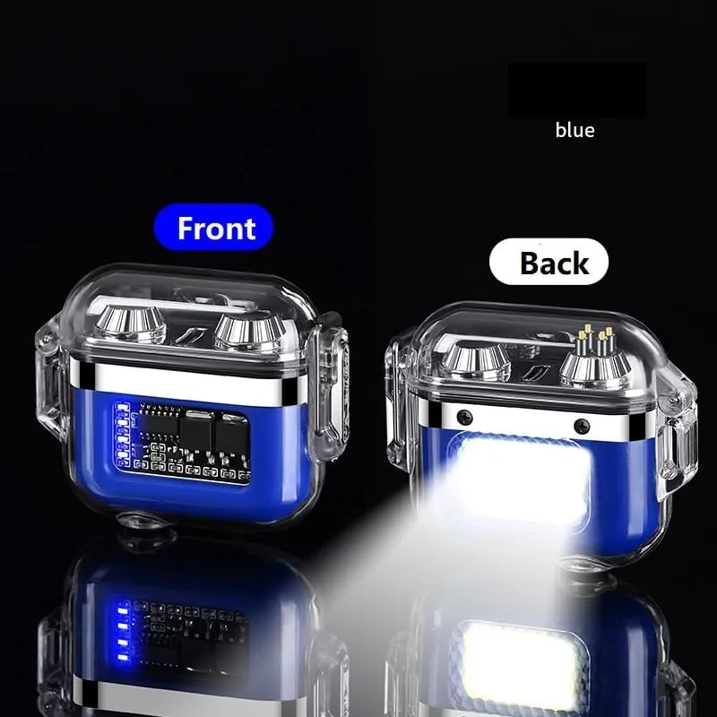 BEntLi Outdoor electric lighter Waterproof tape with LED lights, dual flame lighter with transparent shell, rechargeable pulse ignition lighter with hanging rope, (Blue)