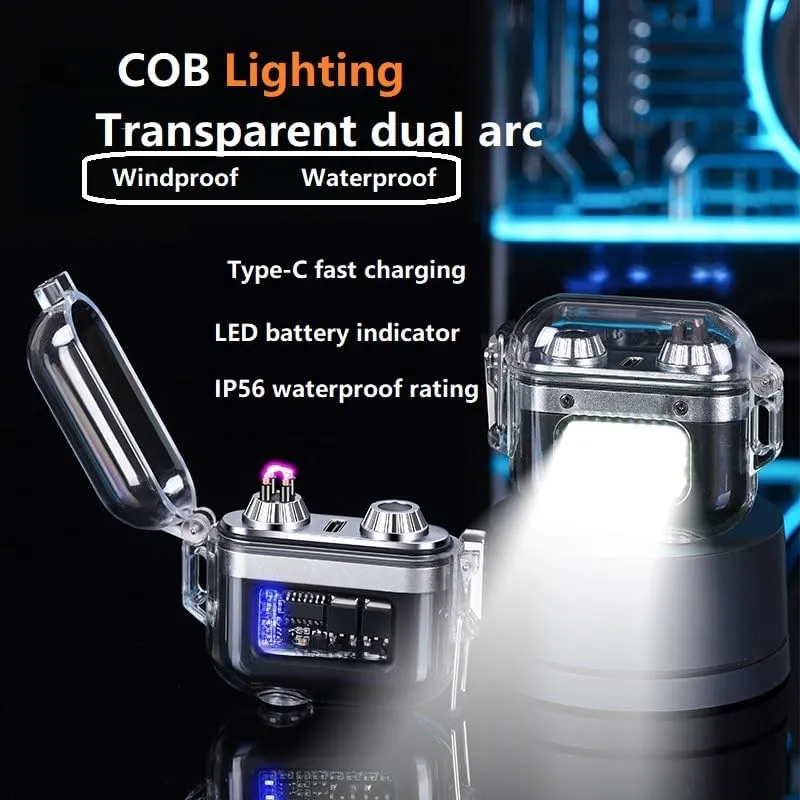 BEntLi Outdoor electric lighter Waterproof tape with LED lights, dual flame lighter with transparent shell, rechargeable pulse ignition lighter with hanging rope, (Blue)
