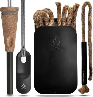 überleben Zünden 2.0 Fire Starter & Tindår Tinder Wick Bundle - 3/8" Ferro Rod w/Ergonomic Striker (15,000 Strikes), Waterproof Hemp Wick (60 Min Burn Time) - Bushcraft, Camping, & Survival Kit