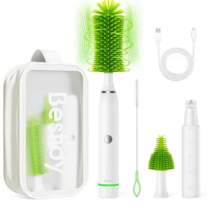 Bestidy Electric Baby Bottle Cleaner Kit for Travel- Rechargeable 360° Rotation Electric Baby Bottle Brush with Replaceable Nipple/Straw Brush, 2-Speed Modes, 50ml Lotion Bottle & Storage Bag, Green