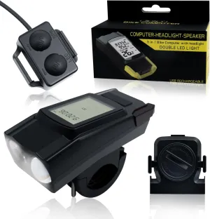 Bike Lights, Bicycle Light with Bike Computer Set,USB Rechargeable IPX4 Waterproof, Front LED Lights with Smart Battery Display & Horn Sounds, Integrated Speedometer & Odometer
