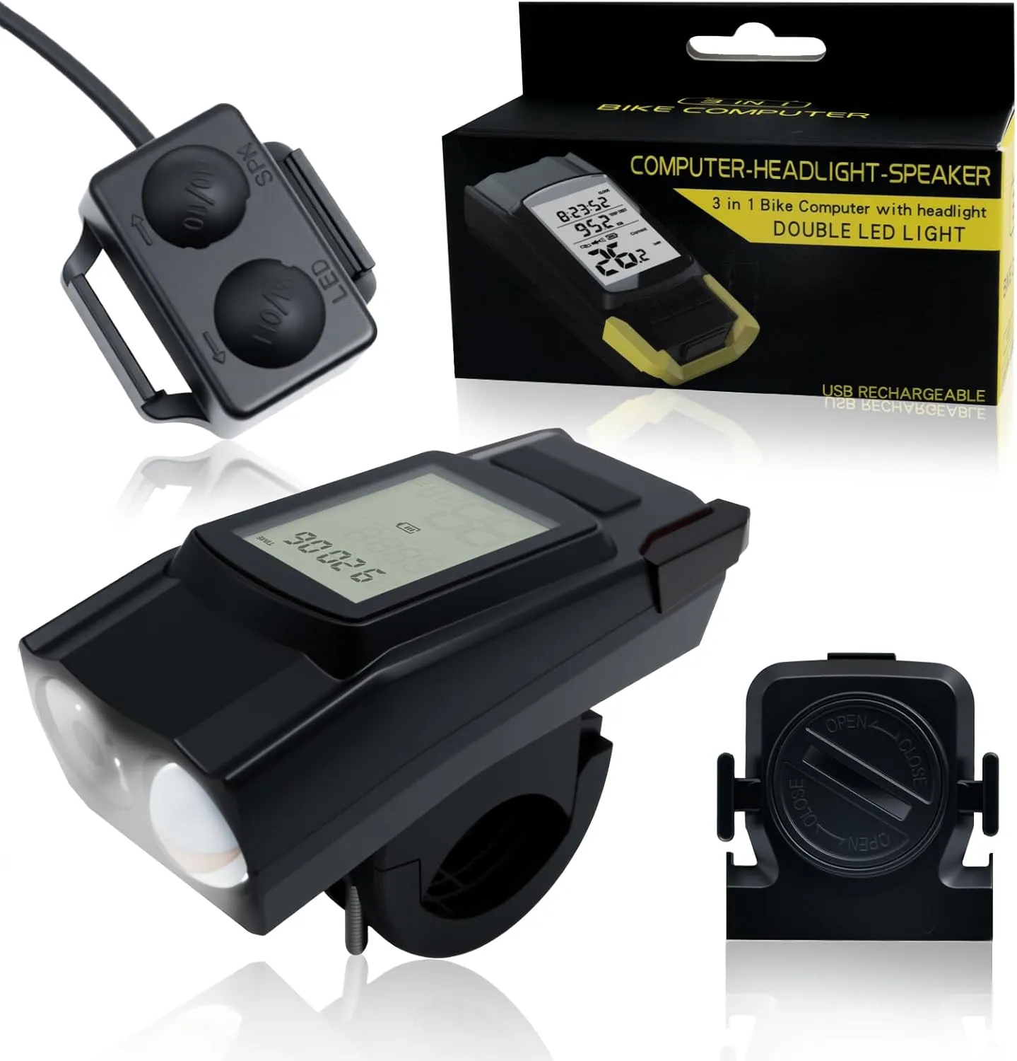 Bike Lights, Bicycle Light with Bike Computer Set,USB Rechargeable IPX4 Waterproof, Front LED Lights with Smart Battery Display & Horn Sounds, Integrated Speedometer & Odometer