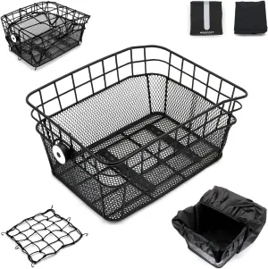 Bike Rear Basket with Rainproof Covers, Tail Light, Cargo Net, Waterproof Metal Wire, Fits Most Rear Bike Racks