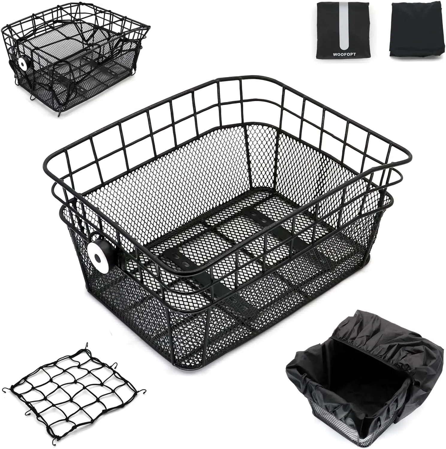 Bike Rear Basket with Rainproof Covers, Tail Light, Cargo Net, Waterproof Metal Wire, Fits Most Rear Bike Racks
