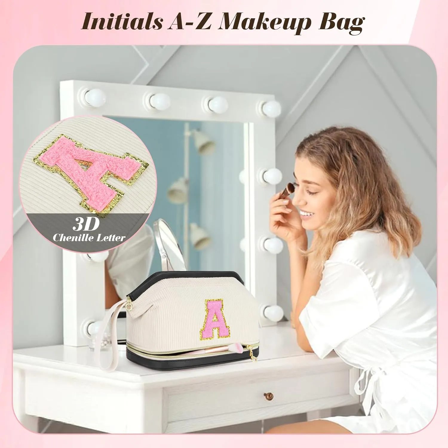 Birthday Gifts for Girls, Personalized Initial Women Makeup Bag, Double Layer Make Up Bag Best Friend Birthday Gifts Teacher Gifts Wedding Gifts Bridesmaid Gifts Daughter Teacher Wife Gifts