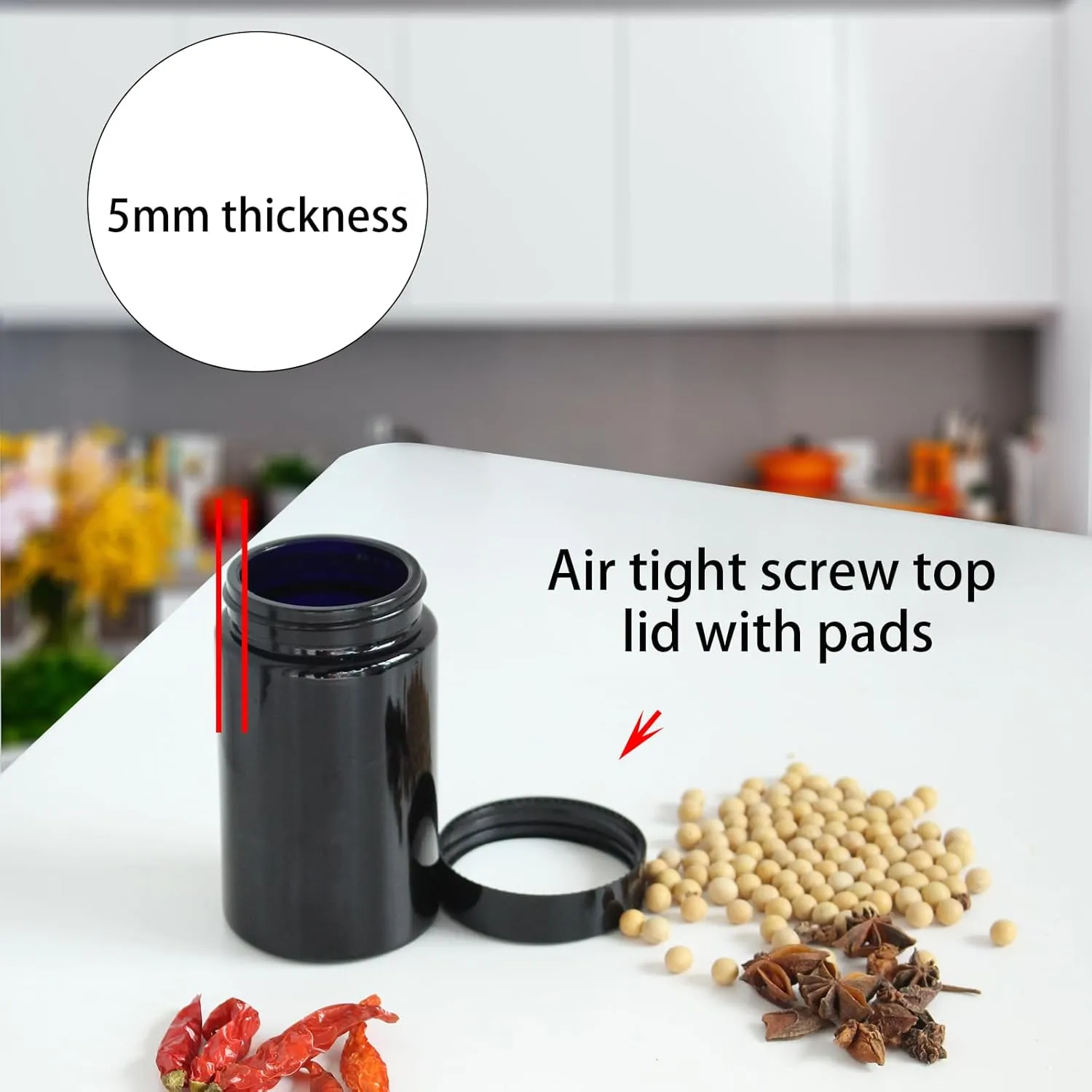 Black Glass Airtight Storage Container Jar 300ml with UV Protection for Spice Coffee