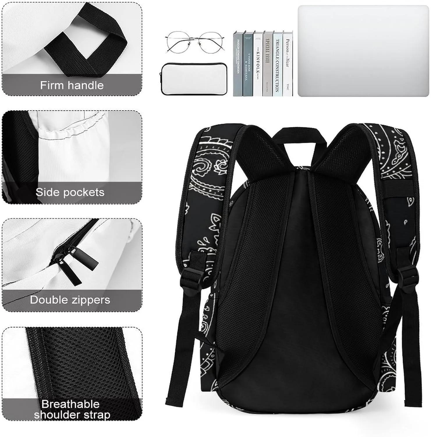 Black Paisley Pattern Classic And Stylish Large Capacity Portable Half Print Backpack