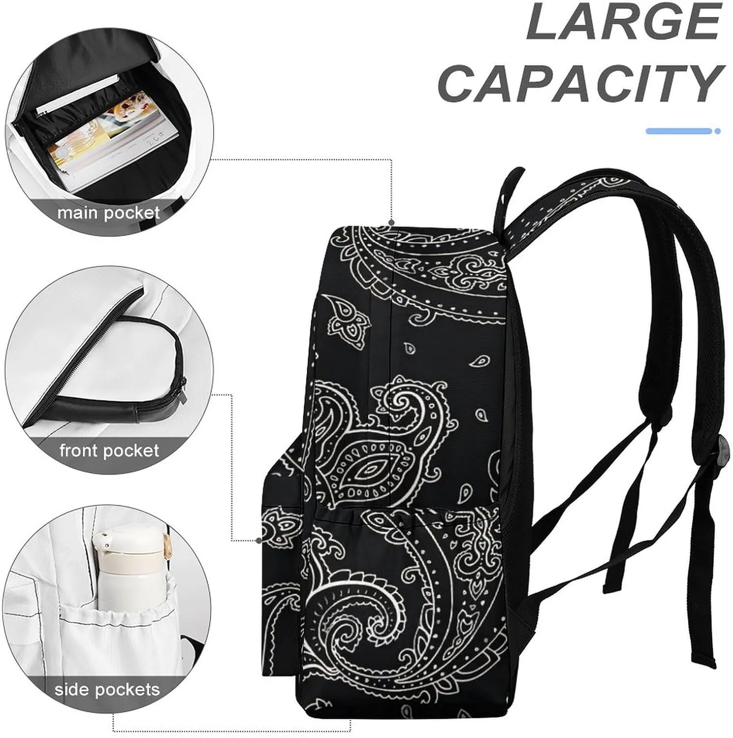Black Paisley Pattern Classic And Stylish Large Capacity Portable Half Print Backpack
