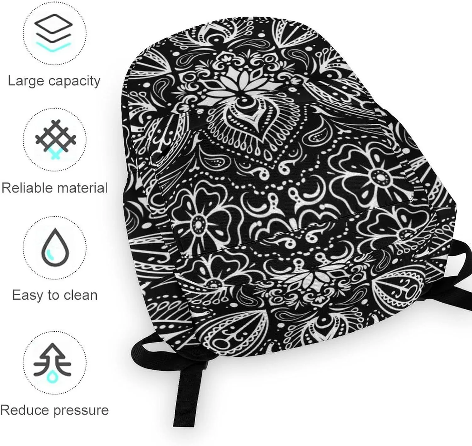 Black White Paisley Classic And Stylish Large Capacity Portable Half Print Backpack
