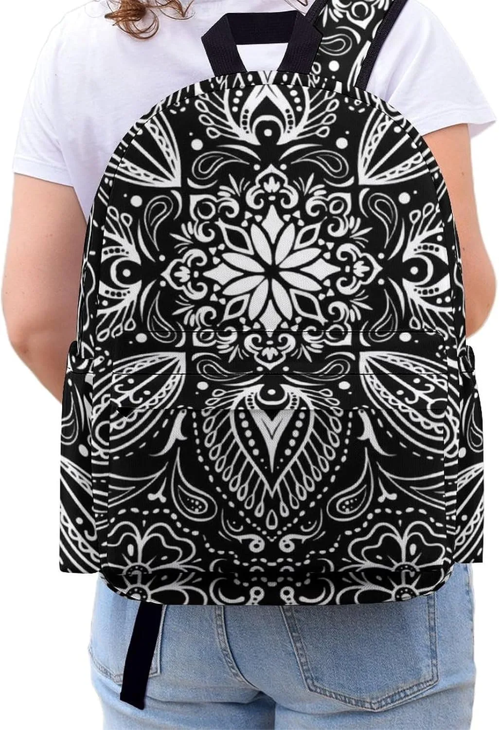 Black White Paisley Classic And Stylish Large Capacity Portable Half Print Backpack