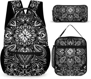 Black White Paisley Large Capacity Portable Backpack Three Piece Set