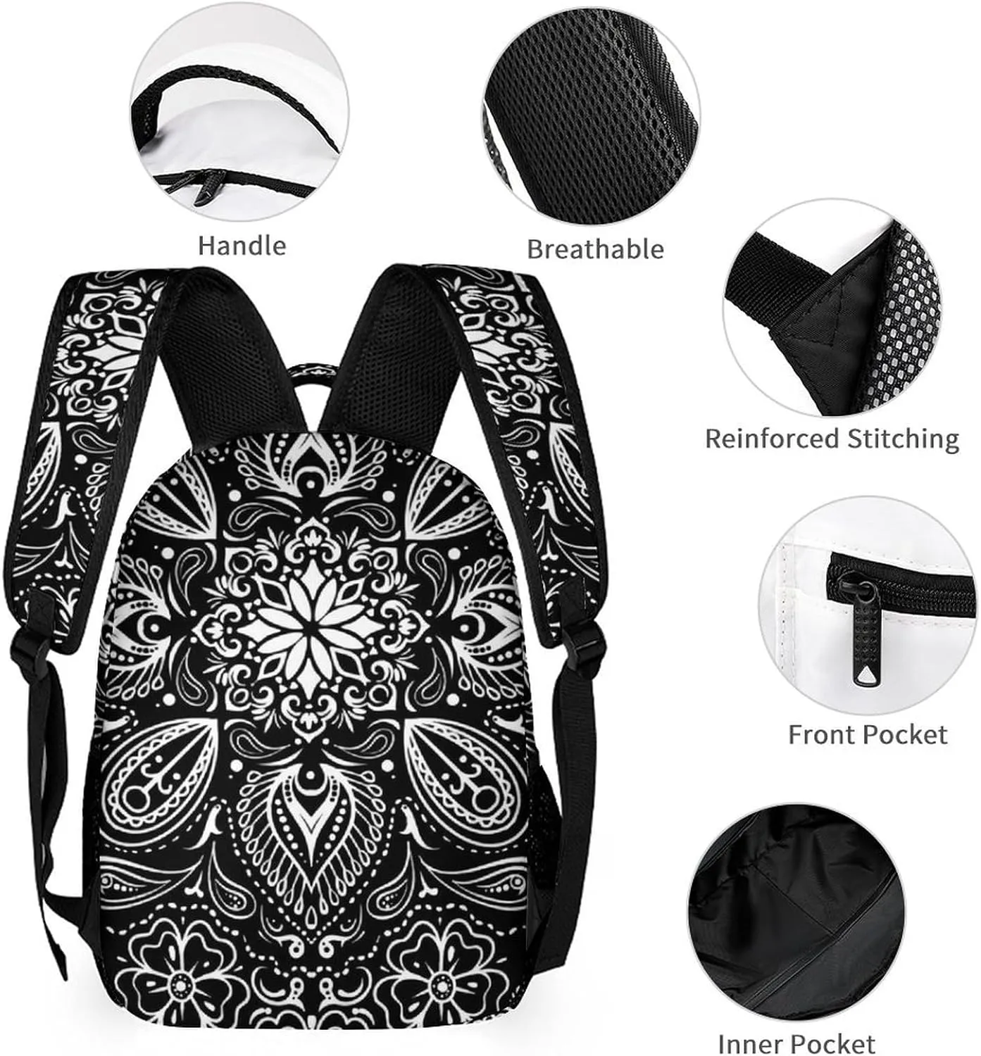 Black White Paisley Large Capacity Portable Backpack Three Piece Set