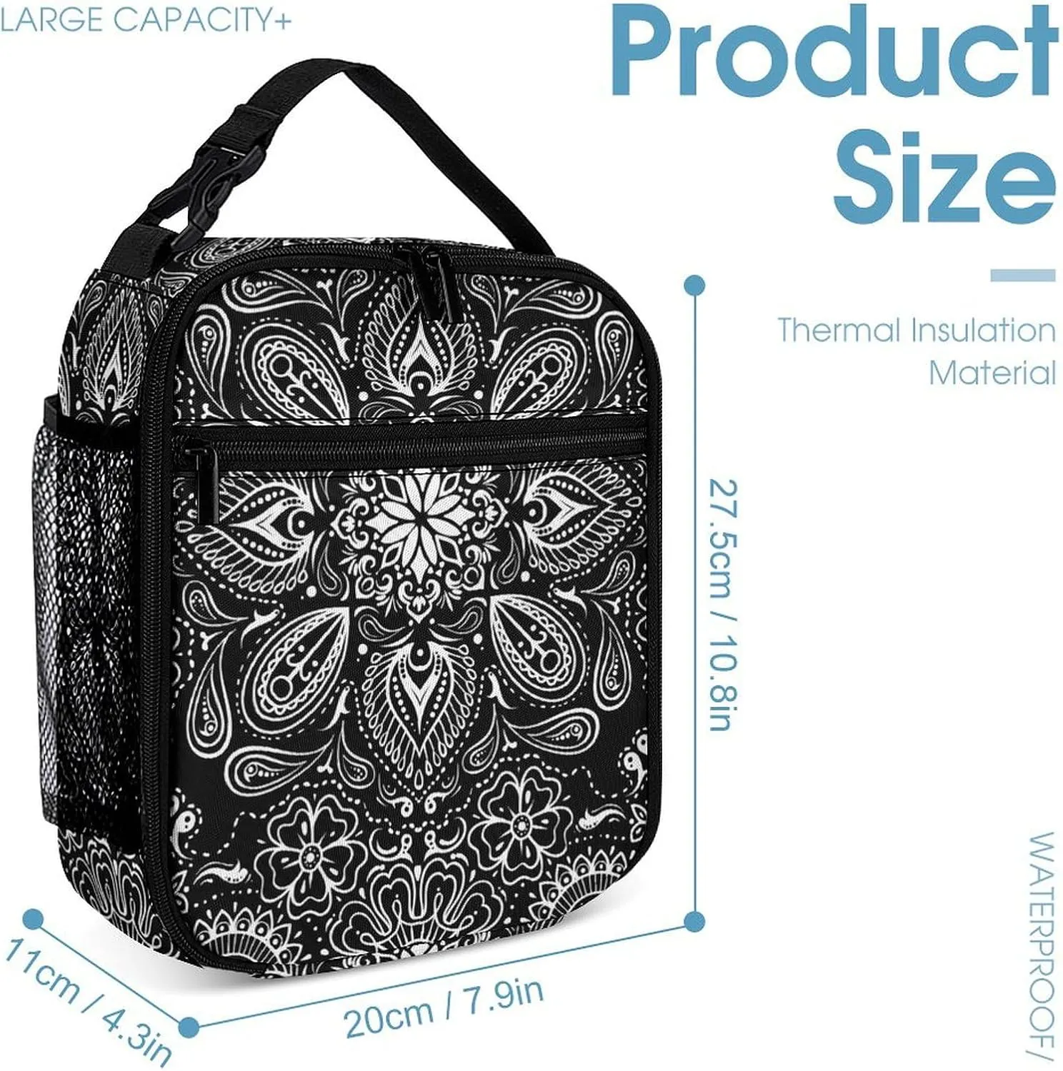 Black White Paisley Large Capacity Portable Backpack Three Piece Set