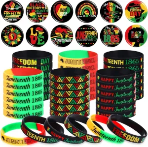 Blosssound 80 Pcs Happy Juneteenth Day Party Favors Freedom Day Button Badges Pins Silicone Bracelets Bulk 1865 Party Favors Supplies Bag Stuffers Fillers Black African American Juneteenth Gifts