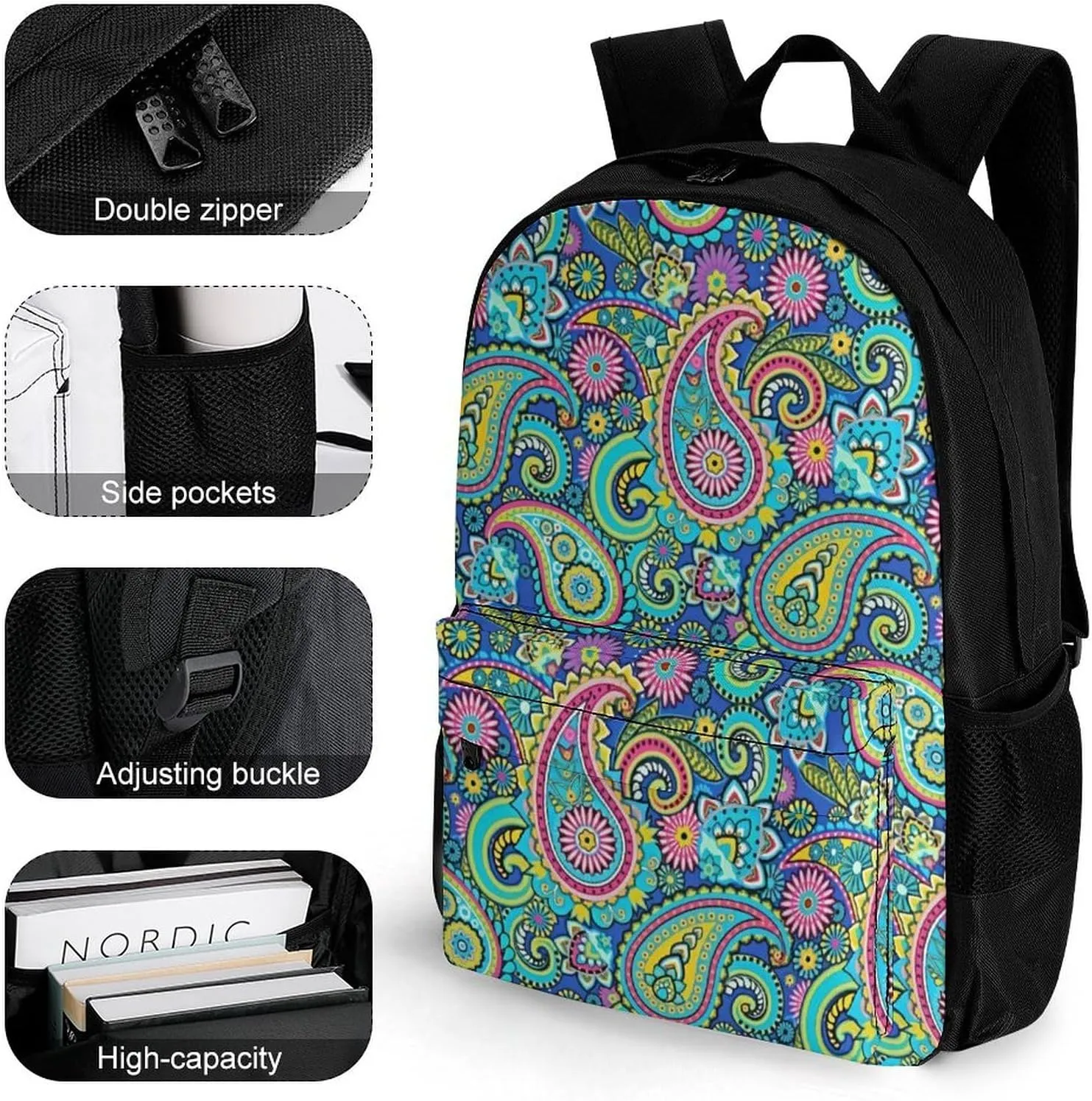 Blue Pink Paisley A Large Capacity Backpack with Pockets, Suitable for Outdoor Use, Etc