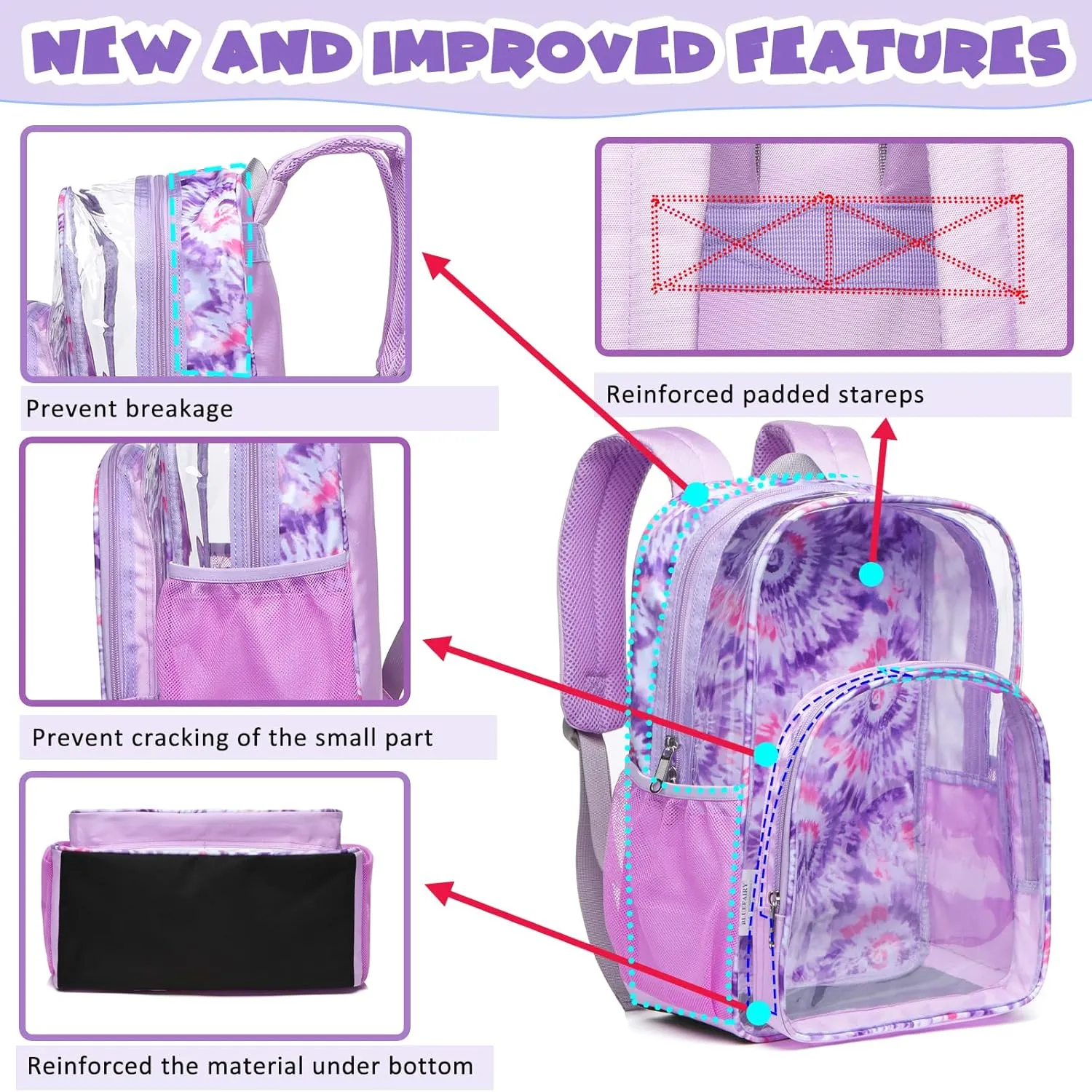 BLUEFAIRY Clear Backpack for School Stadium Approved Large PVC See Through Bag Heavy Duty Bookbag Transparent Plastic Bag for Kids Students Work Events 17" Spiral Purple