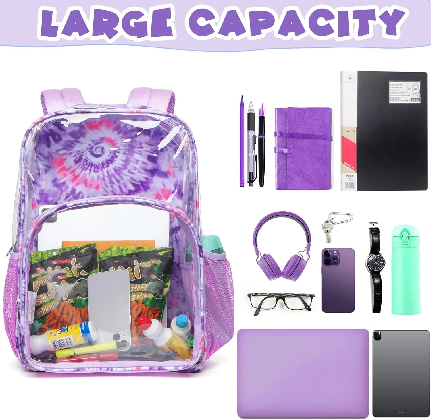 BLUEFAIRY Clear Backpack for School Stadium Approved Large PVC See Through Bag Heavy Duty Bookbag Transparent Plastic Bag for Kids Students Work Events 17" Spiral Purple
