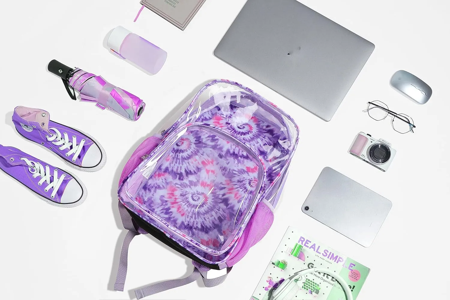 BLUEFAIRY Clear Backpack for School Stadium Approved Large PVC See Through Bag Heavy Duty Bookbag Transparent Plastic Bag for Kids Students Work Events 17" Spiral Purple