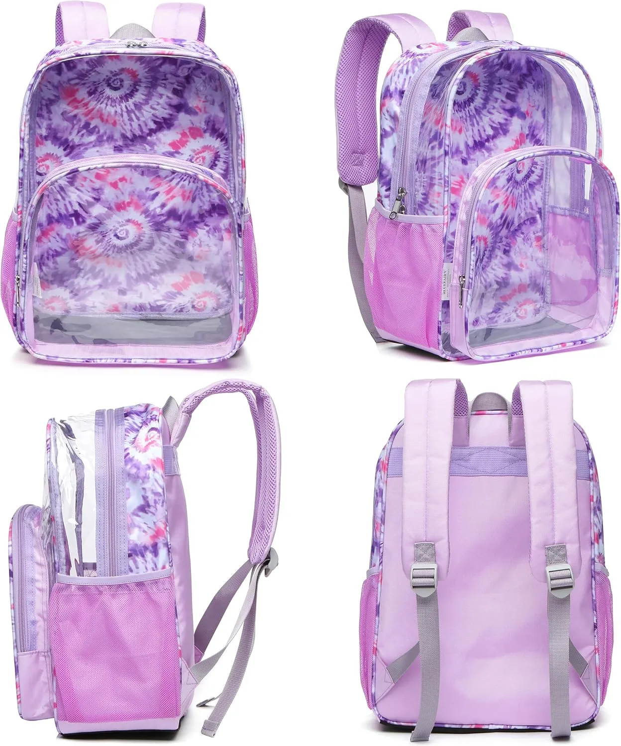 BLUEFAIRY Clear Backpack for School Stadium Approved Large PVC See Through Bag Heavy Duty Bookbag Transparent Plastic Bag for Kids Students Work Events 17" Spiral Purple