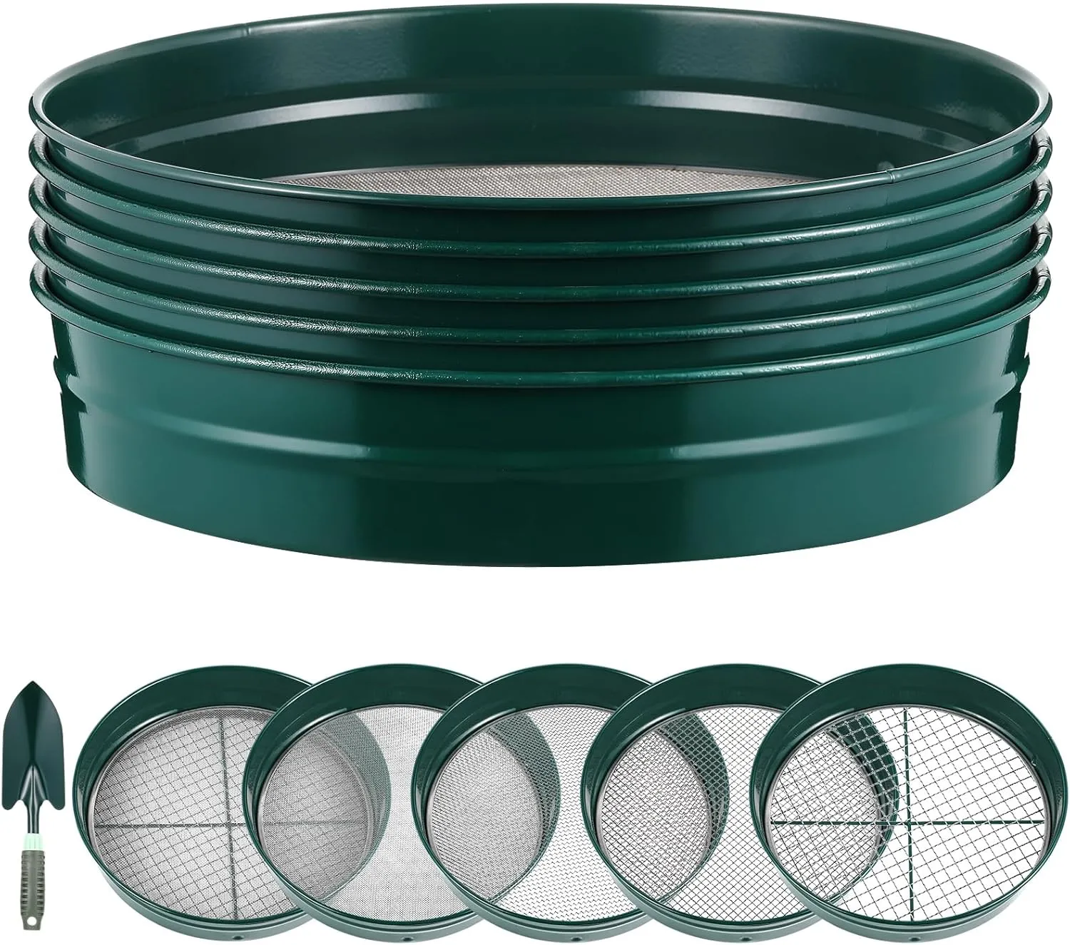 Blulu 5 Pack 14.57 Inch Wide Stackable Classifier Gold Prospecting Pan Set with Shovel 1/2" 1/4" 1/8" 1/12" 1/20" Stainless Steel Mesh Sifting Pan Gold Panning Classifier Screen Set Soil Sifter, Green