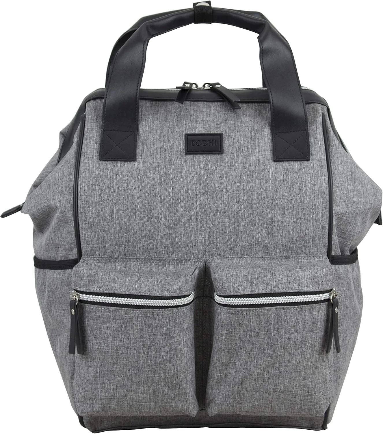 BODHI Doctor Bag Style Top Load Backpack Purse With Front Large Zipper Pockets, Medium Gray Chambray