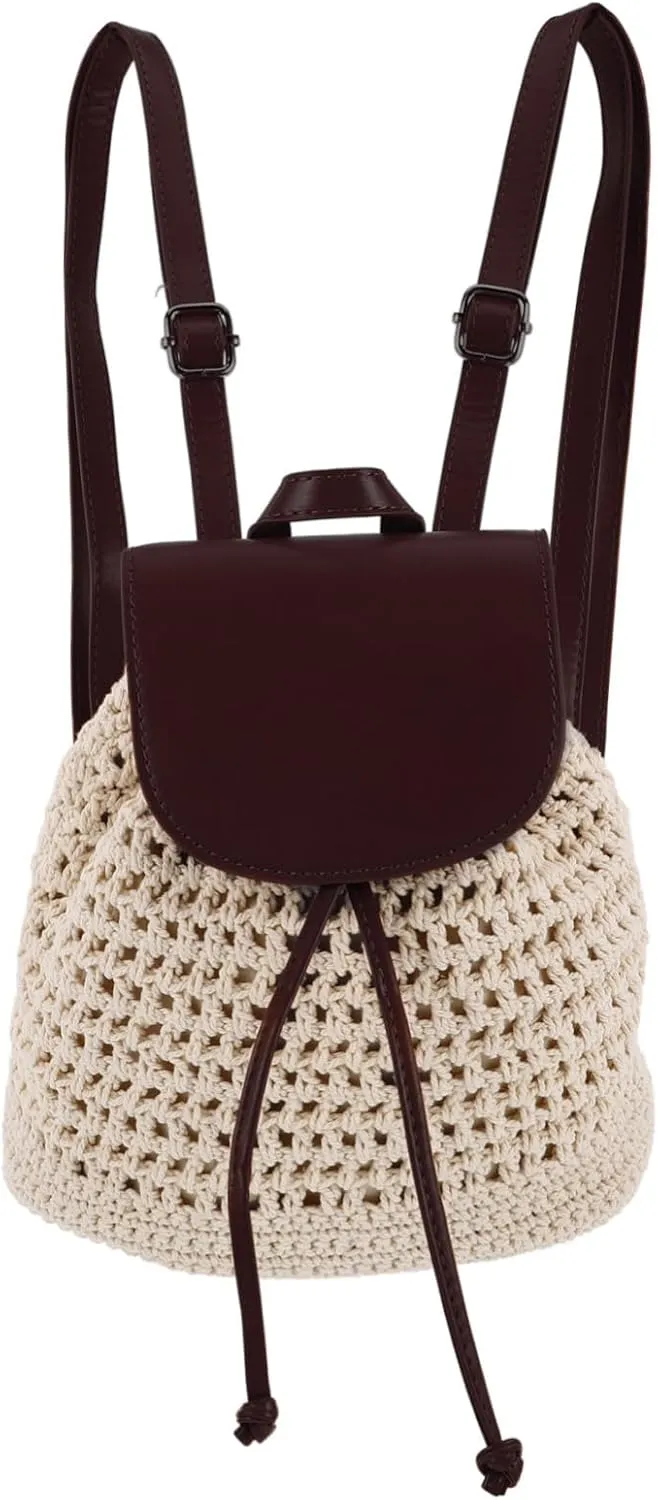 Boho Woven Crochet Backpack Handmade Straw Purse for Women Knit Hippie Bag Drawstring Flap Backpack Polyester Pu Materials Large Capacity Casual Outfit Travel Essential
