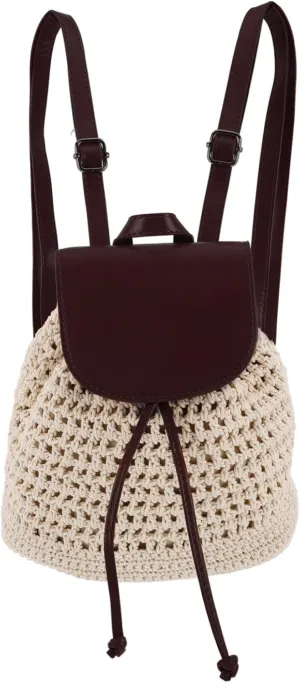 Boho Woven Crochet Backpack Handmade Straw Purse for Women Knit Hippie Bag Drawstring Flap Backpack Polyester Pu Materials Large Capacity Casual Outfit Travel Essential