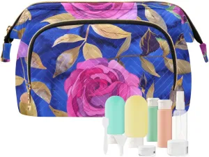 Bolaz Travel Makeup Bag,Large Capacity Cosmetic Bags for Women Large，Bright Pink Roses，Wide-open Pouch come with 9Pack Travel Bottles Set