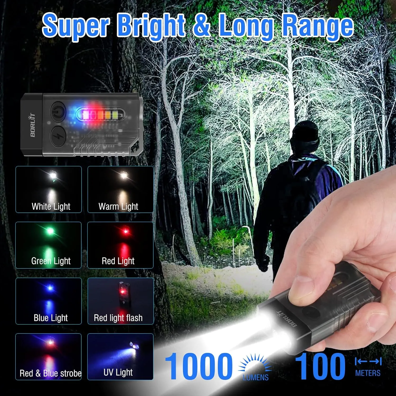 BORUIT V10 Small Powerful Flashlight with 365nm UV Black Light - Super Bright, USB C Rechargeable Led Keychain Flash Light with Cob Side Light, Magnet